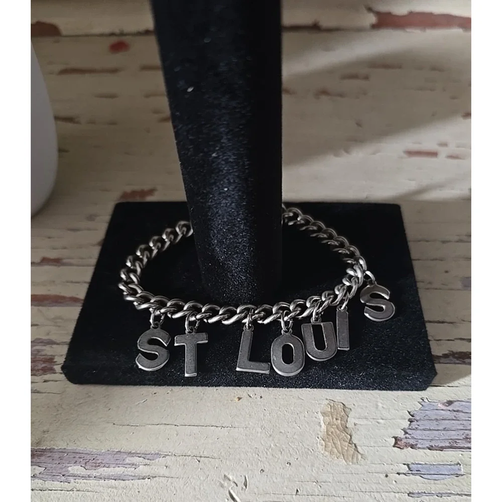 Vtg Silver Tone‎ ST LOUIS Letter Charm Costume Fashion Jewelry Chain Bracelet